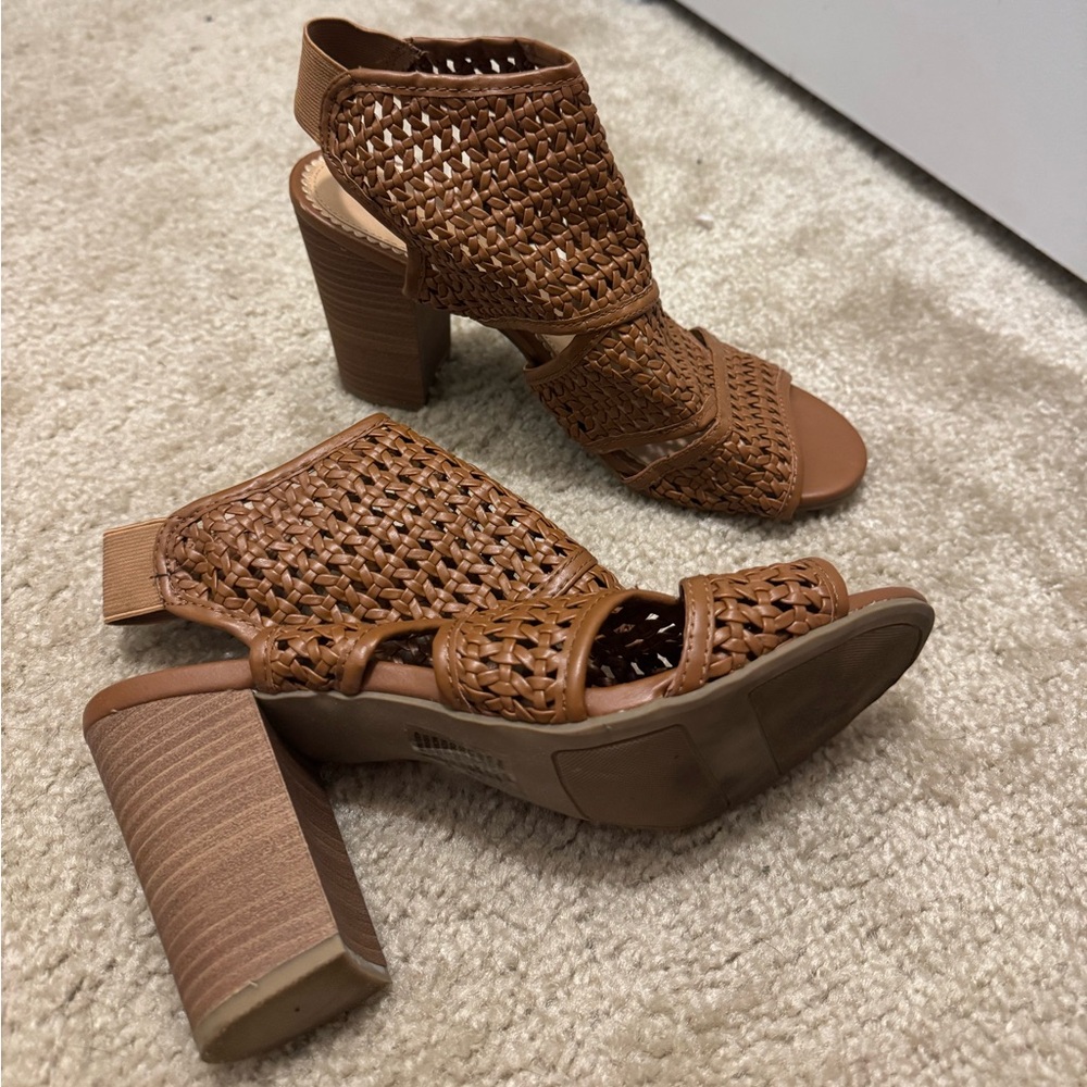 Brown Woven Block Heel Sandals